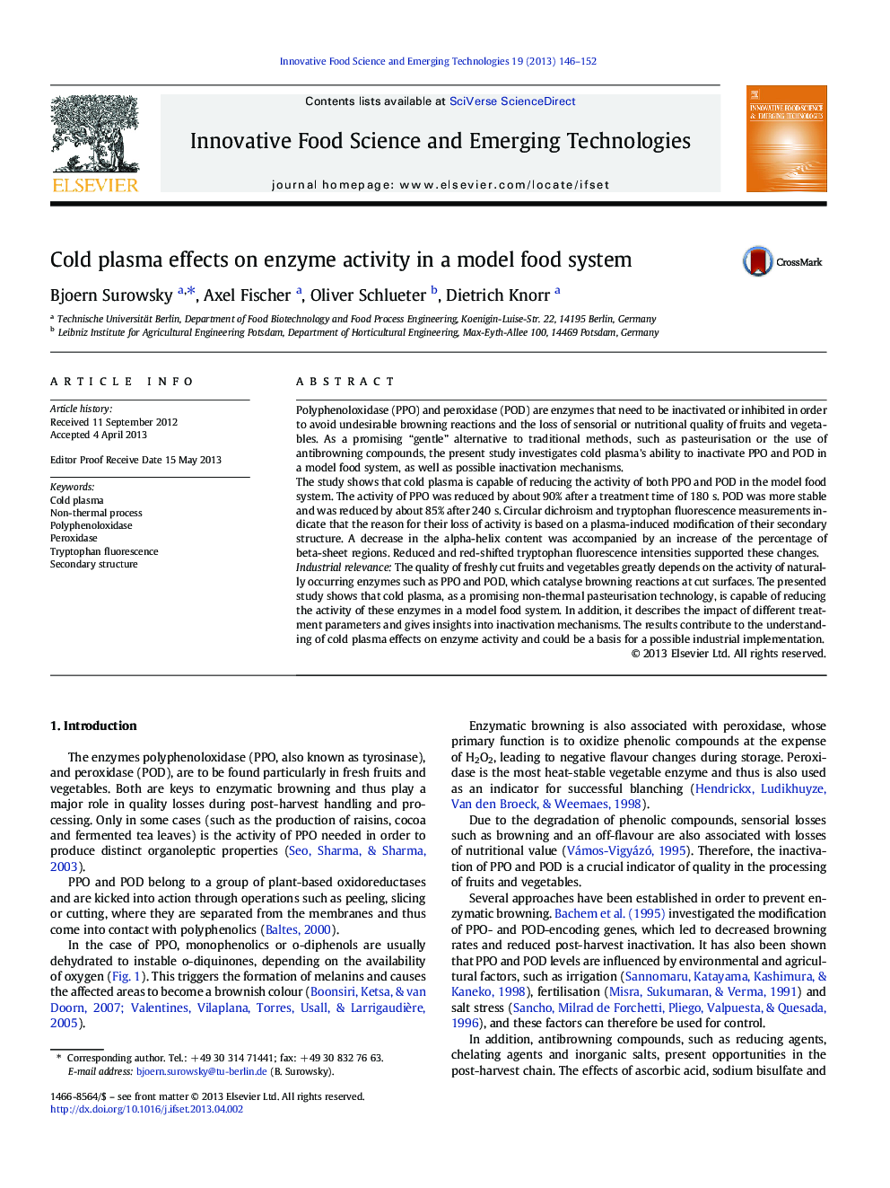 Cold plasma effects on enzyme activity in a model food system