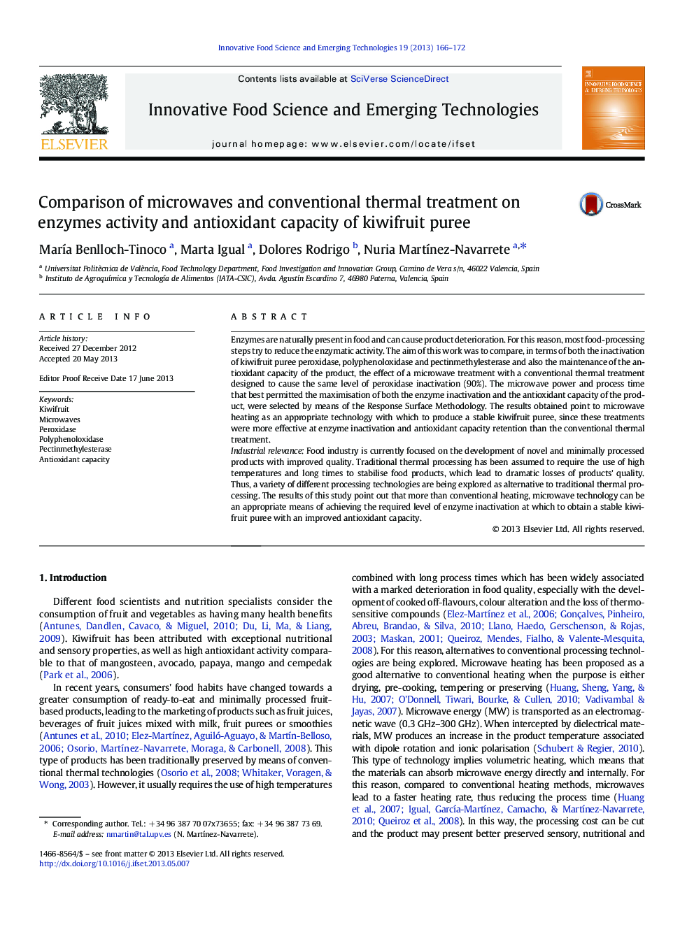 Comparison of microwaves and conventional thermal treatment on enzymes activity and antioxidant capacity of kiwifruit puree