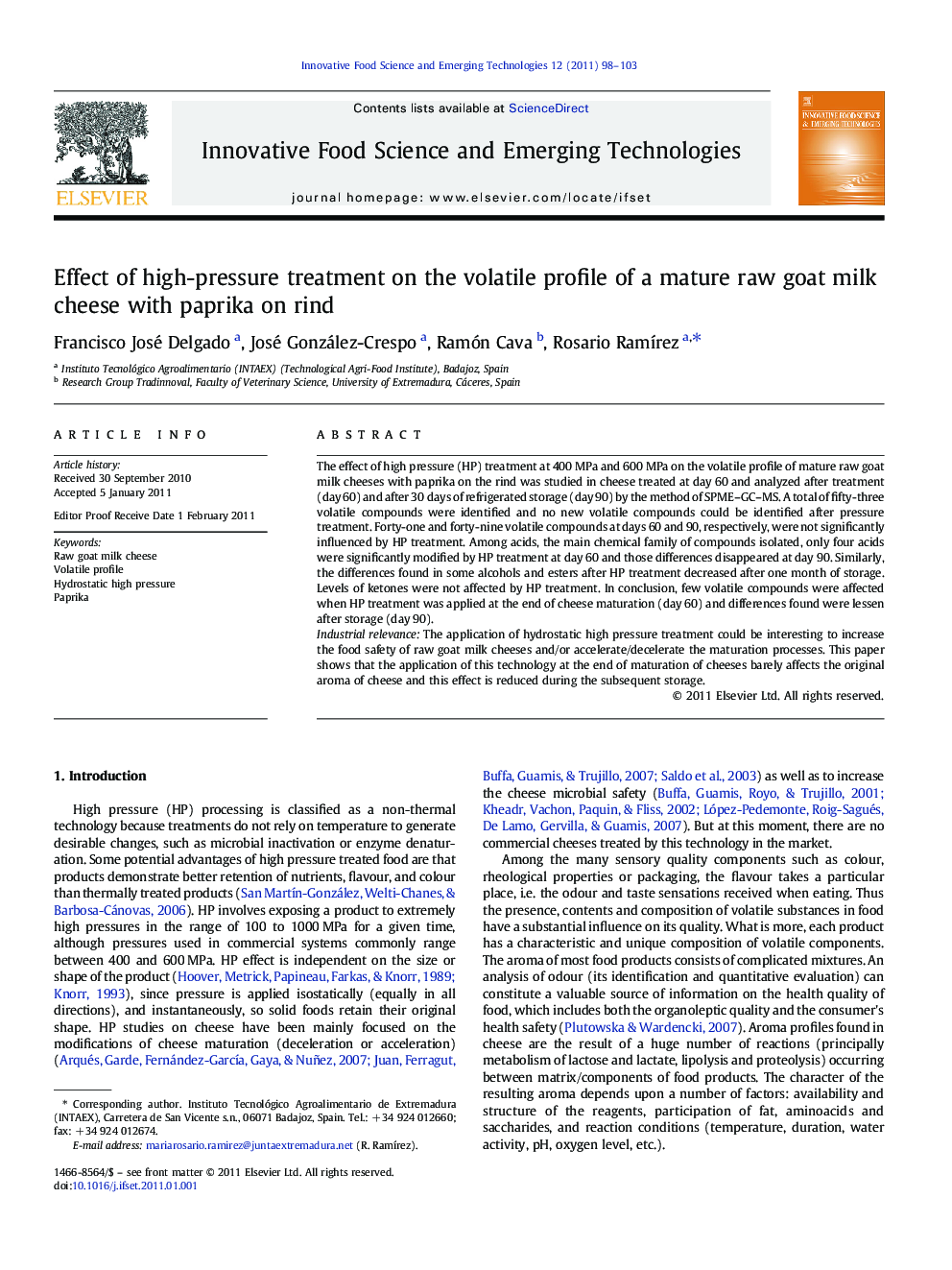 Effect of high-pressure treatment on the volatile profile of a mature raw goat milk cheese with paprika on rind