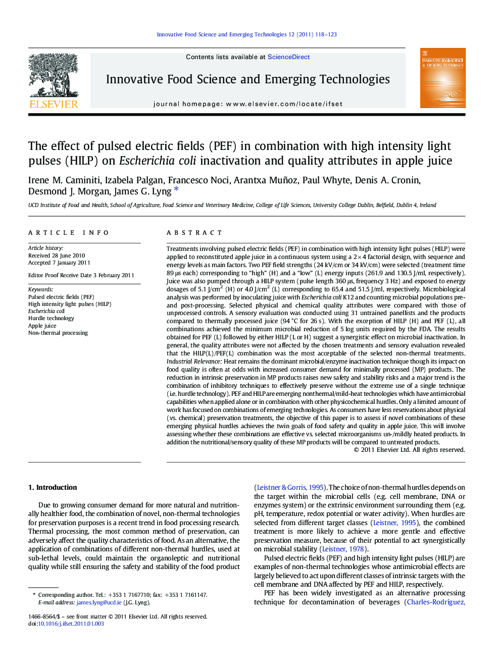 The effect of pulsed electric fields (PEF) in combination with high intensity light pulses (HILP) on Escherichia coli inactivation and quality attributes in apple juice