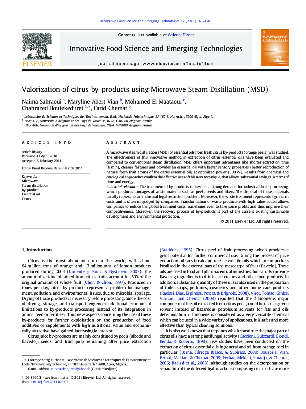 Valorization of citrus by-products using Microwave Steam Distillation (MSD)