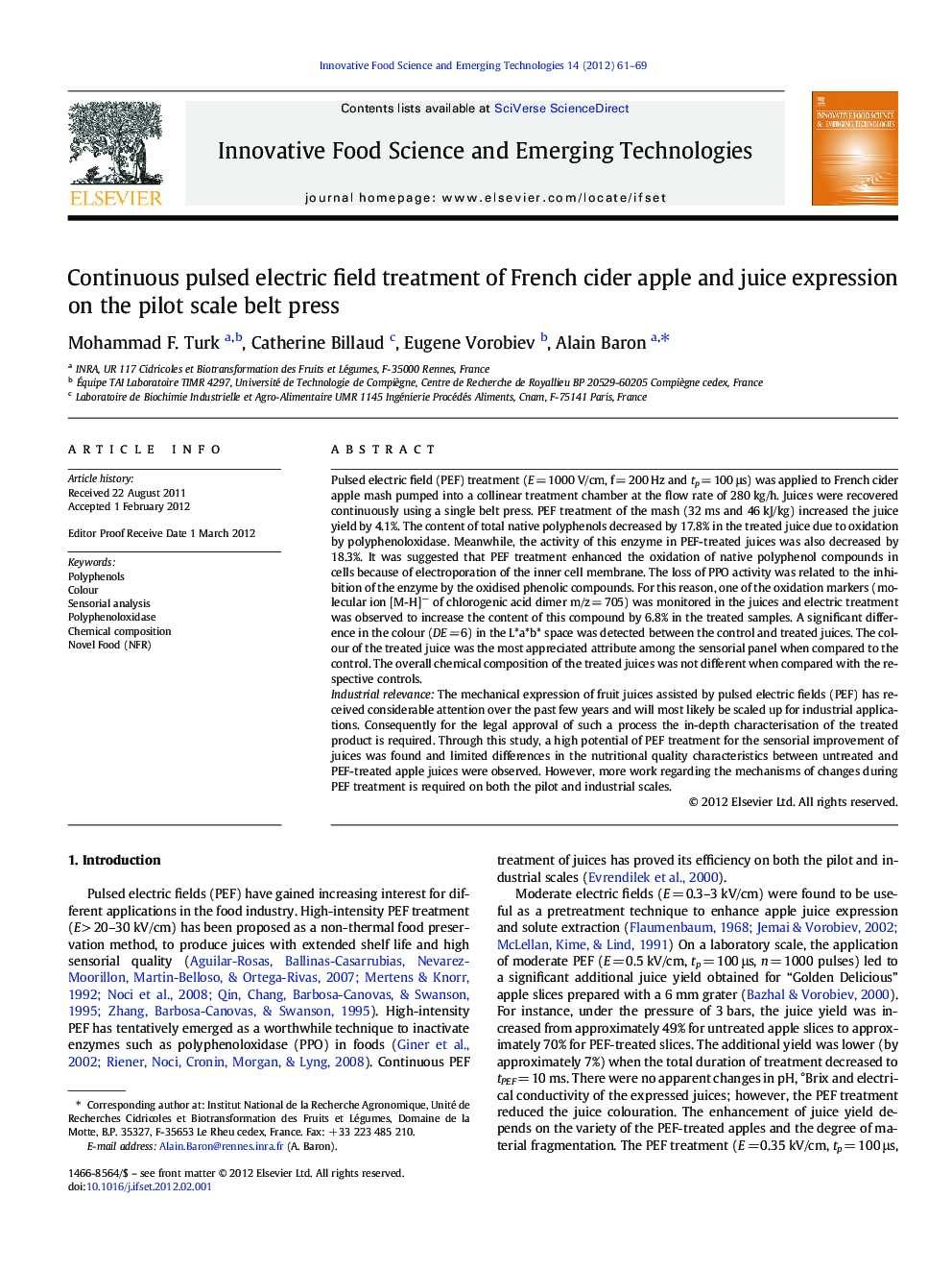 Continuous pulsed electric field treatment of French cider apple and juice expression on the pilot scale belt press