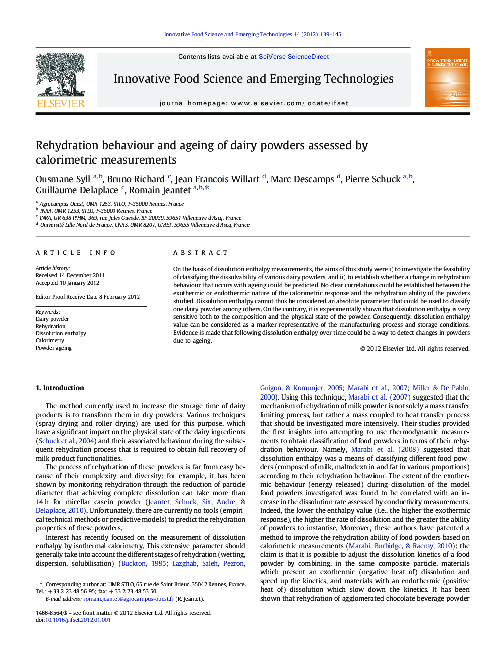 Rehydration behaviour and ageing of dairy powders assessed by calorimetric measurements