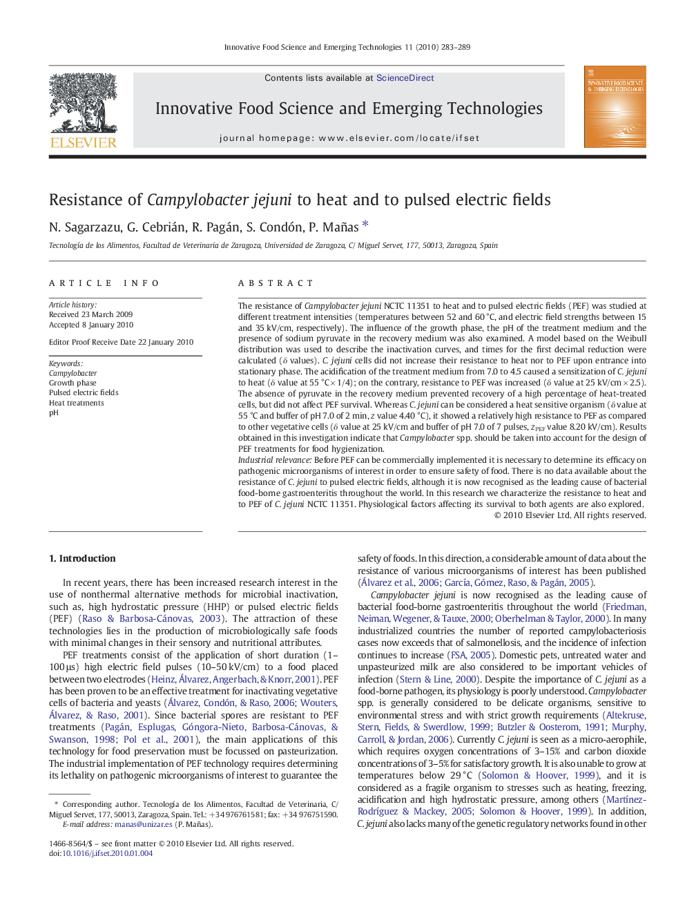 Resistance of Campylobacter jejuni to heat and to pulsed electric fields