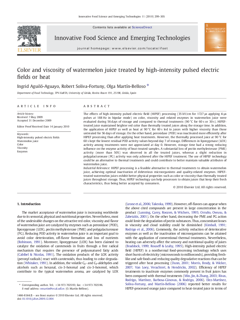 Color and viscosity of watermelon juice treated by high-intensity pulsed electric fields or heat