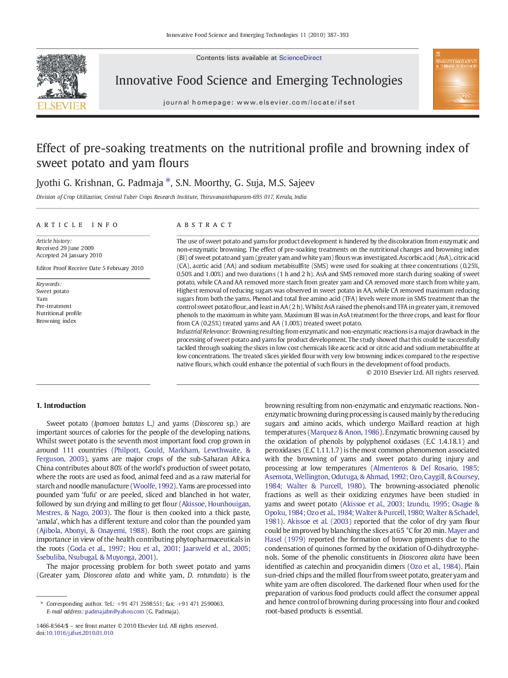 Effect of pre-soaking treatments on the nutritional profile and browning index of sweet potato and yam flours