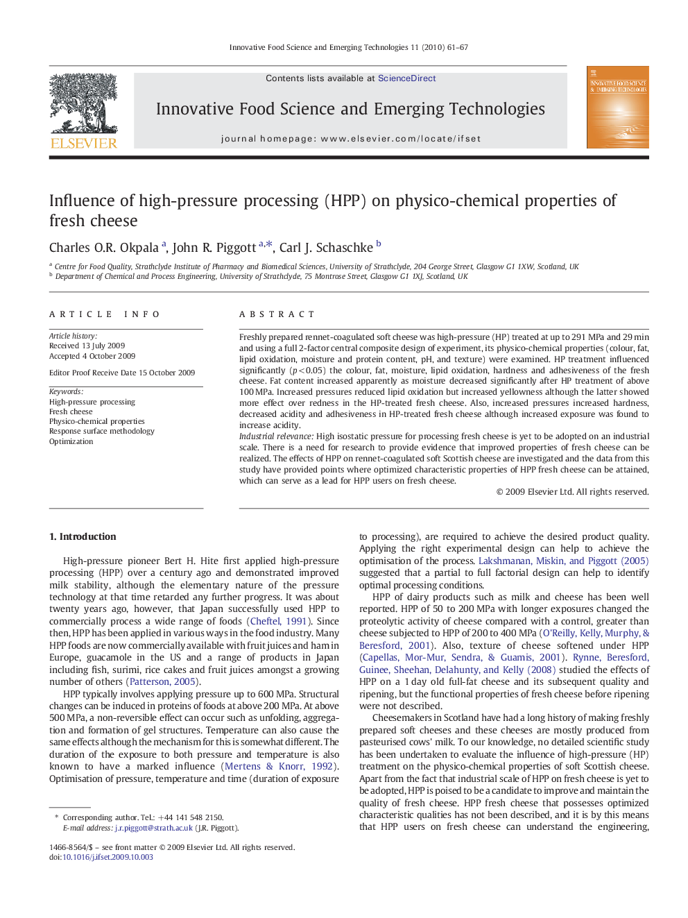 Influence of high-pressure processing (HPP) on physico-chemical properties of fresh cheese