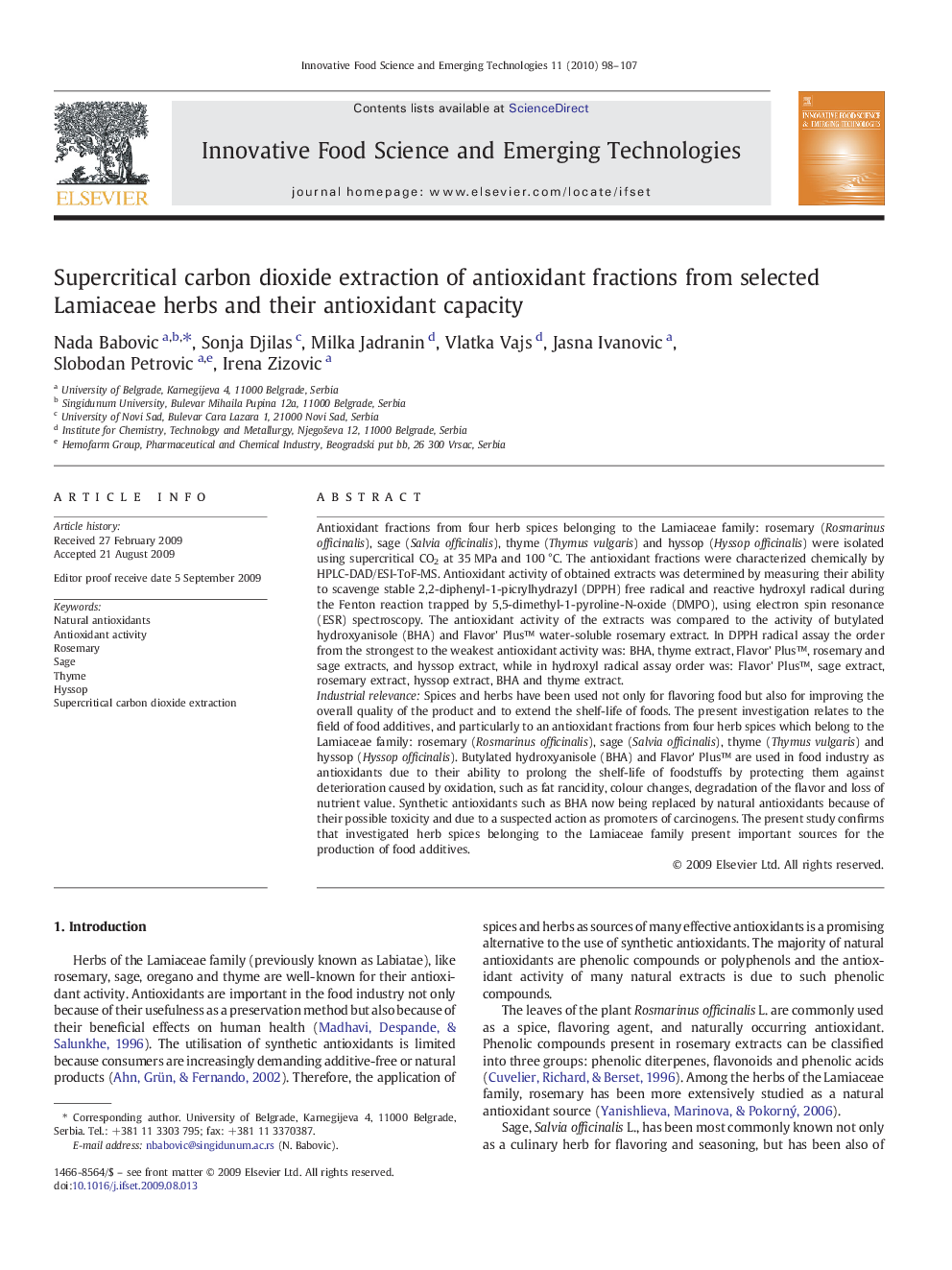 Supercritical carbon dioxide extraction of antioxidant fractions from selected Lamiaceae herbs and their antioxidant capacity