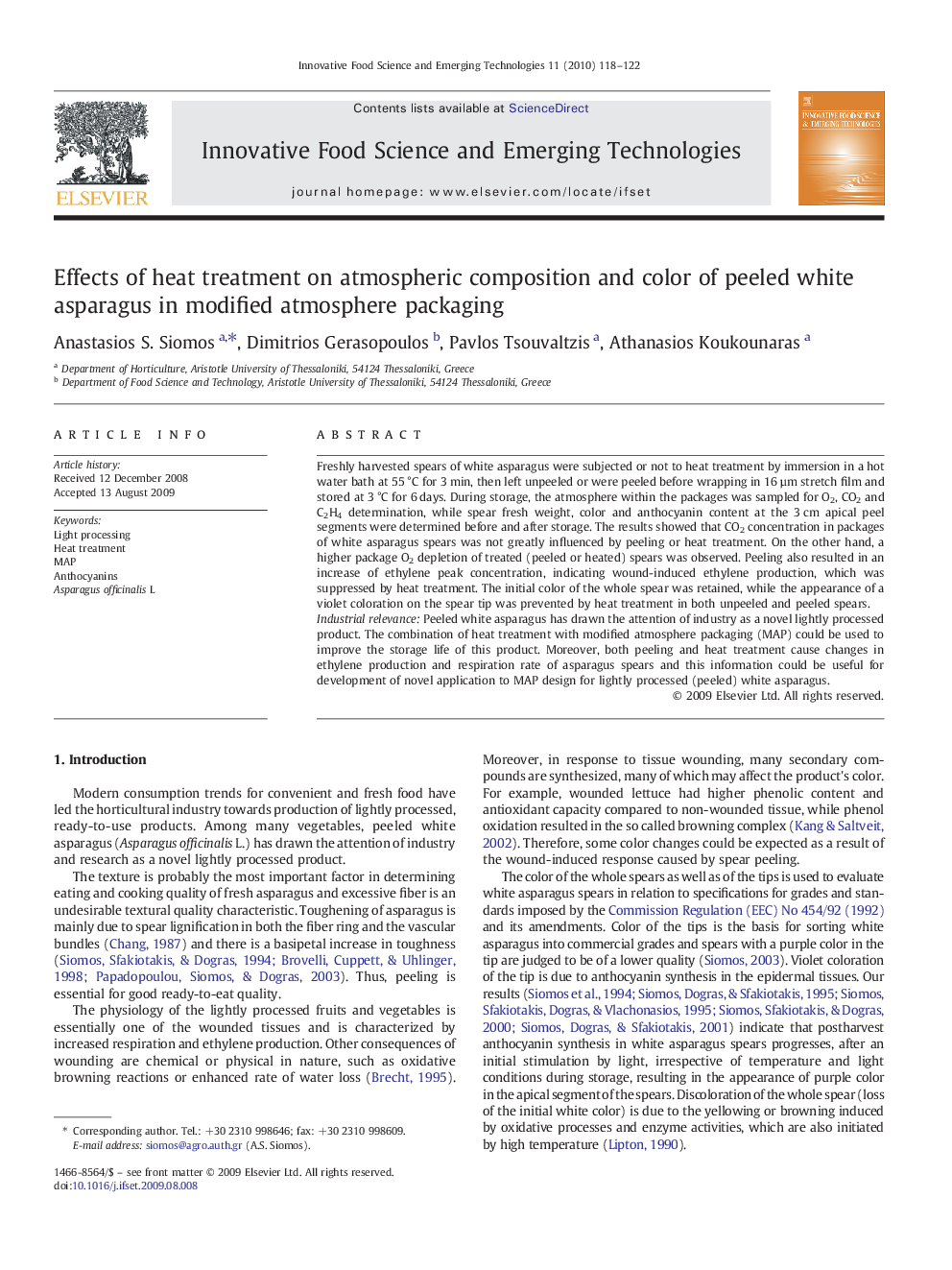 Effects of heat treatment on atmospheric composition and color of peeled white asparagus in modified atmosphere packaging