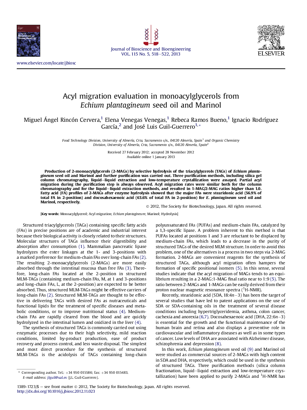 Acyl migration evaluation in monoacylglycerols from Echium plantagineum seed oil and Marinol