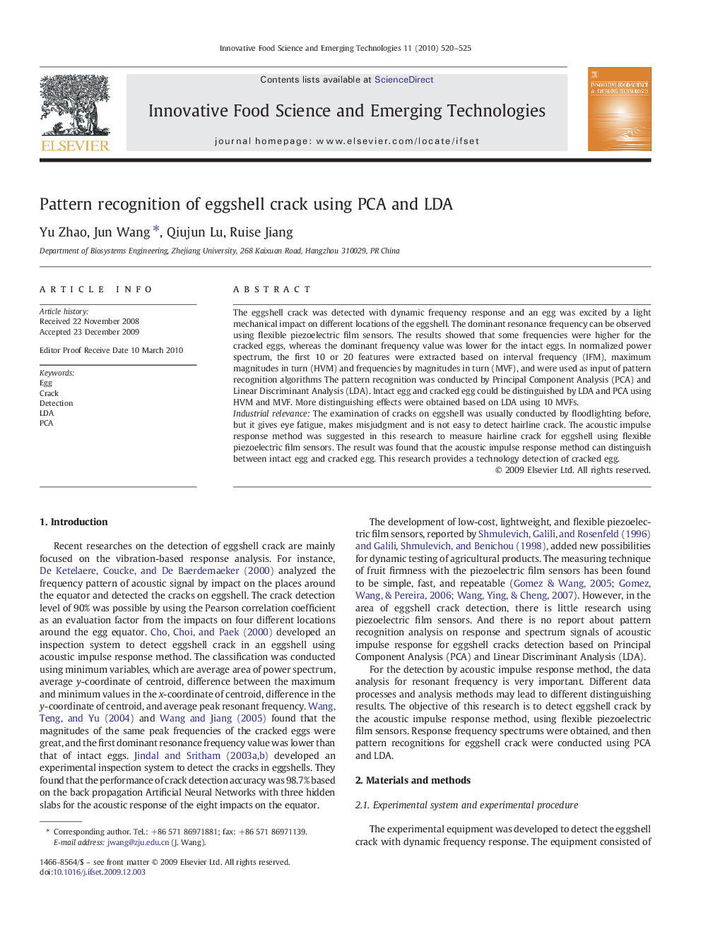 Pattern recognition of eggshell crack using PCA and LDA