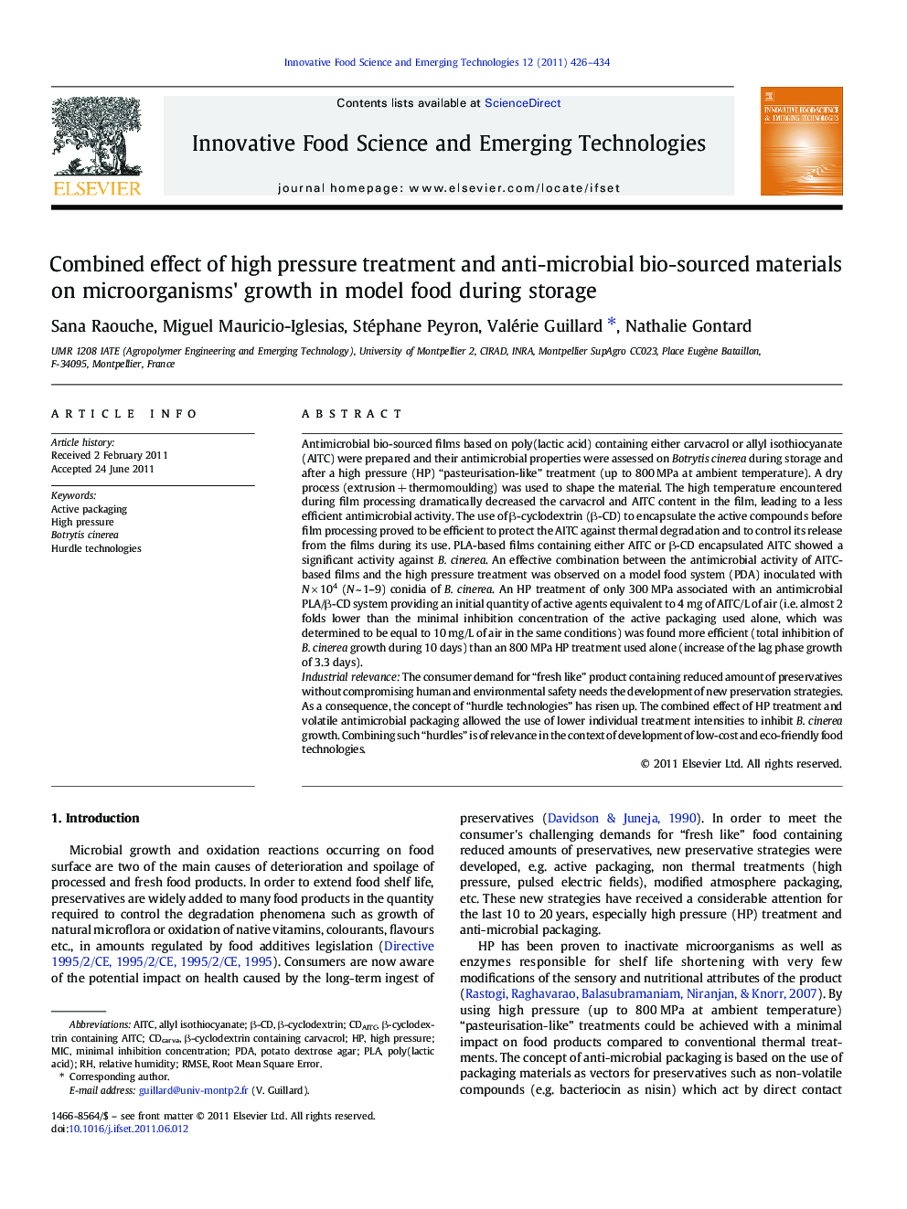 Combined effect of high pressure treatment and anti-microbial bio-sourced materials on microorganisms' growth in model food during storage