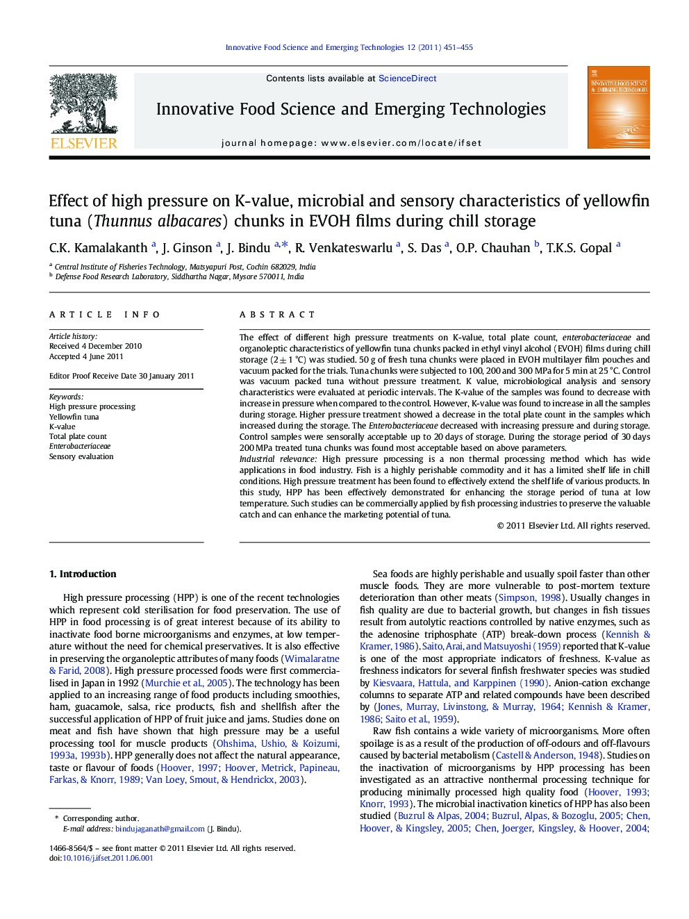 Effect of high pressure on K-value, microbial and sensory characteristics of yellowfin tuna (Thunnus albacares) chunks in EVOH films during chill storage