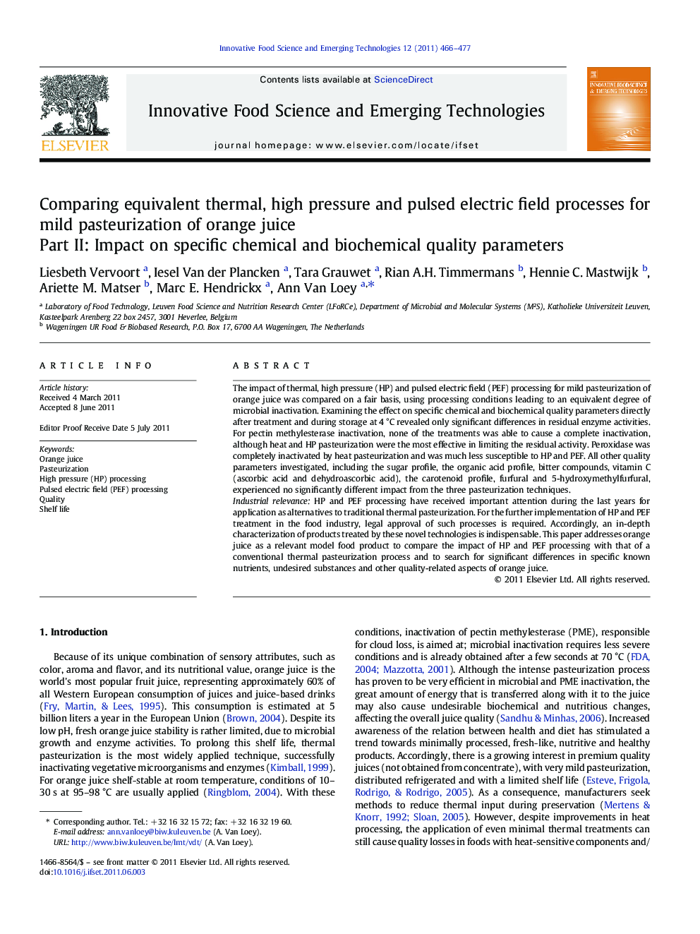 Comparing equivalent thermal, high pressure and pulsed electric field processes for mild pasteurization of orange juice: Part II: Impact on specific chemical and biochemical quality parameters