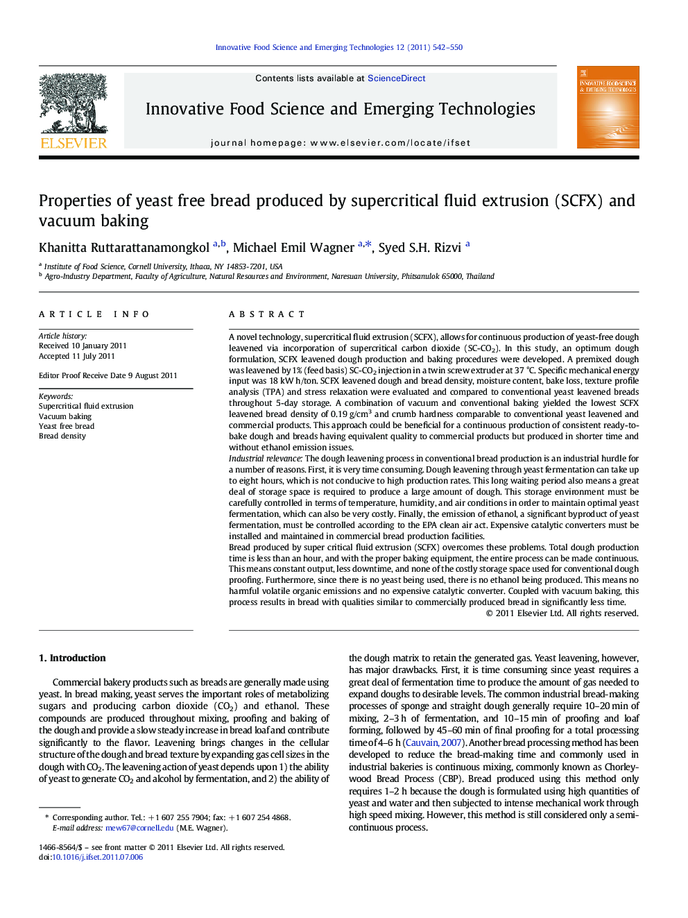 Properties of yeast free bread produced by supercritical fluid extrusion (SCFX) and vacuum baking