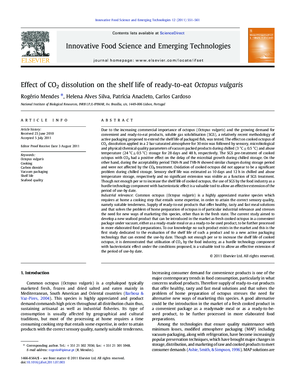 Effect of CO2 dissolution on the shelf life of ready-to-eat Octopus vulgaris