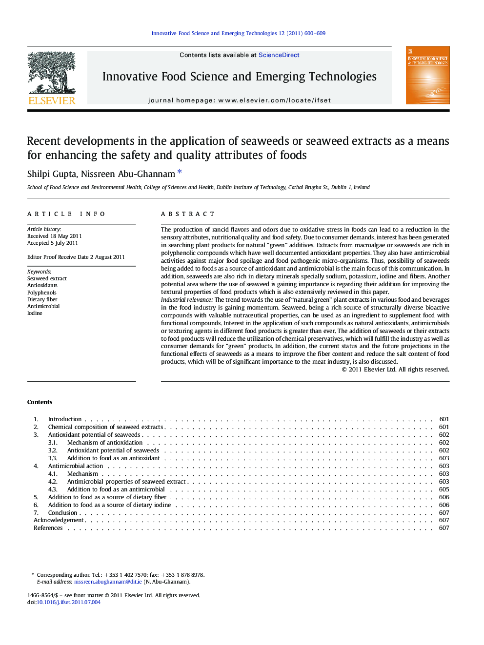 Recent developments in the application of seaweeds or seaweed extracts as a means for enhancing the safety and quality attributes of foods