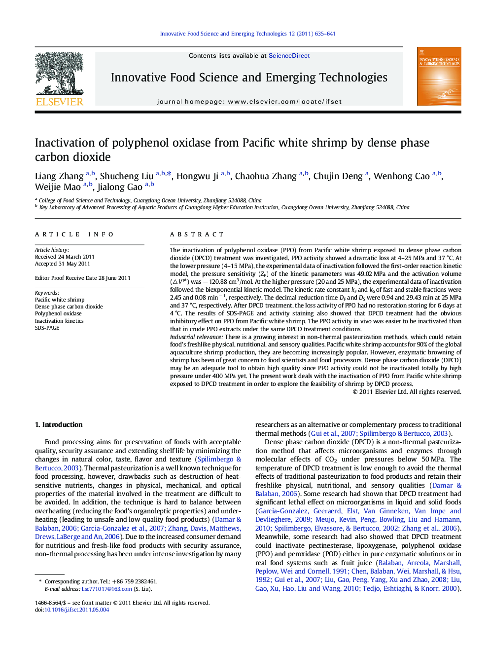 Inactivation of polyphenol oxidase from Pacific white shrimp by dense phase carbon dioxide