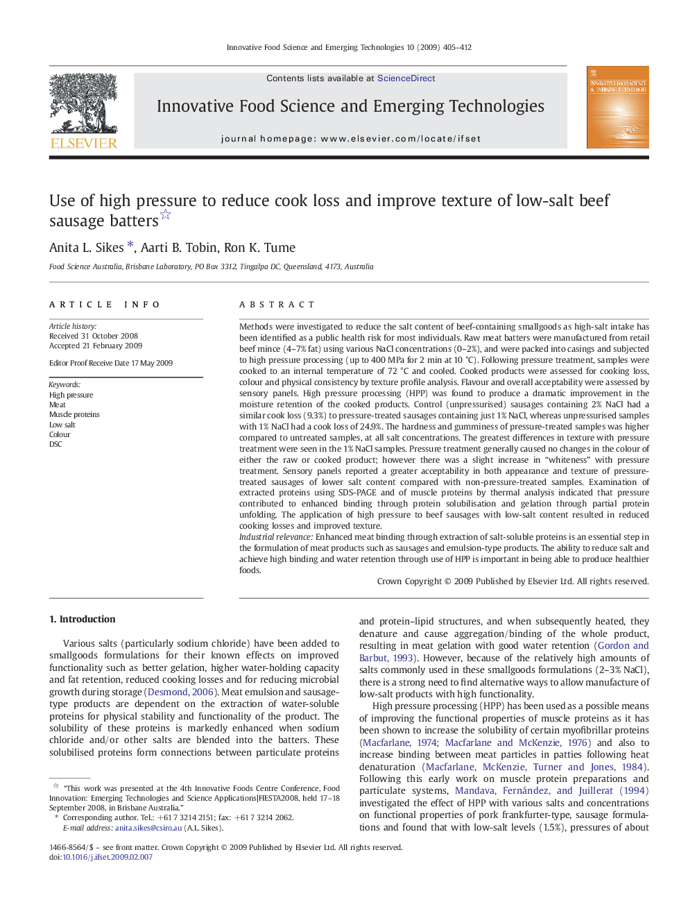 Use of high pressure to reduce cook loss and improve texture of low-salt beef sausage batters 