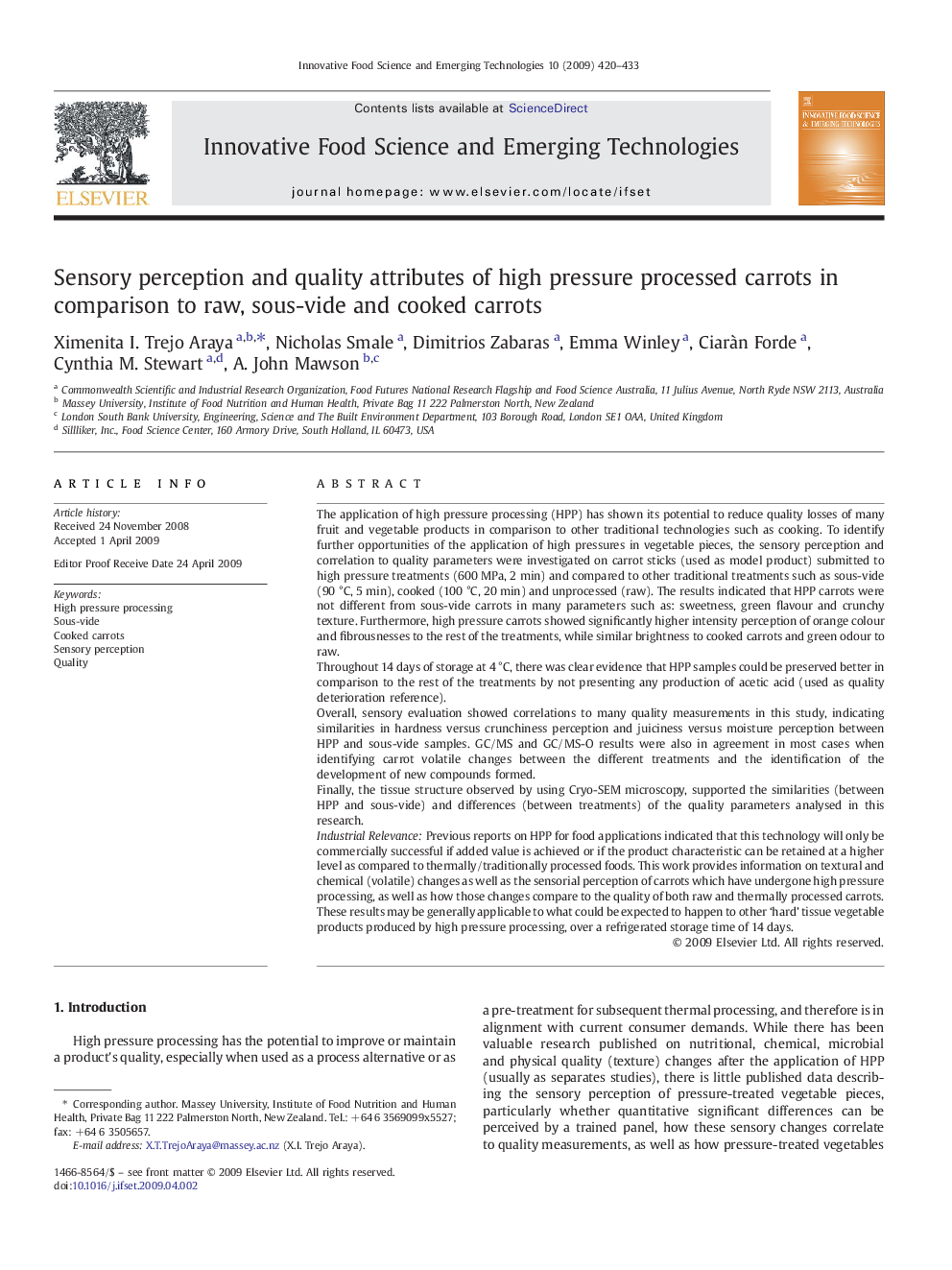 Sensory perception and quality attributes of high pressure processed carrots in comparison to raw, sous-vide and cooked carrots