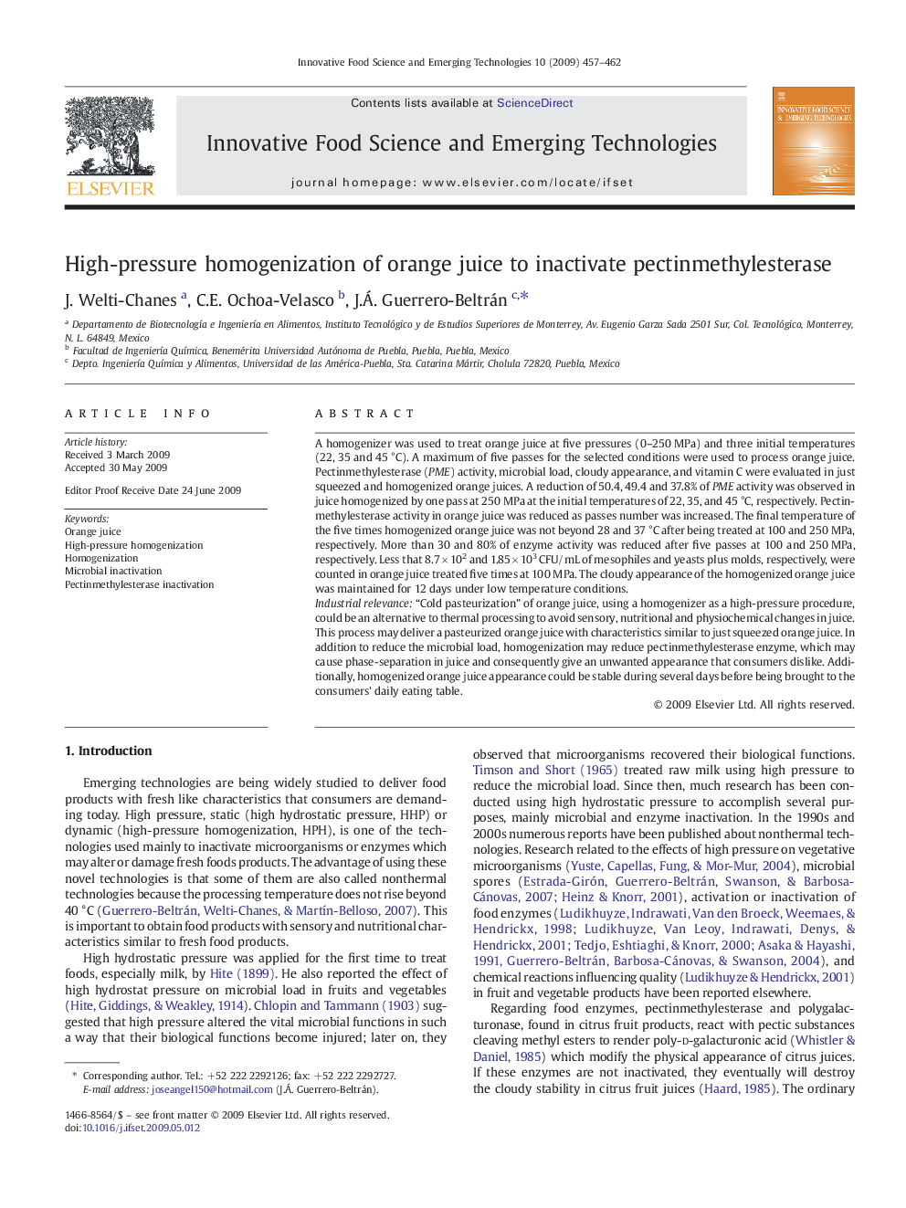 High-pressure homogenization of orange juice to inactivate pectinmethylesterase