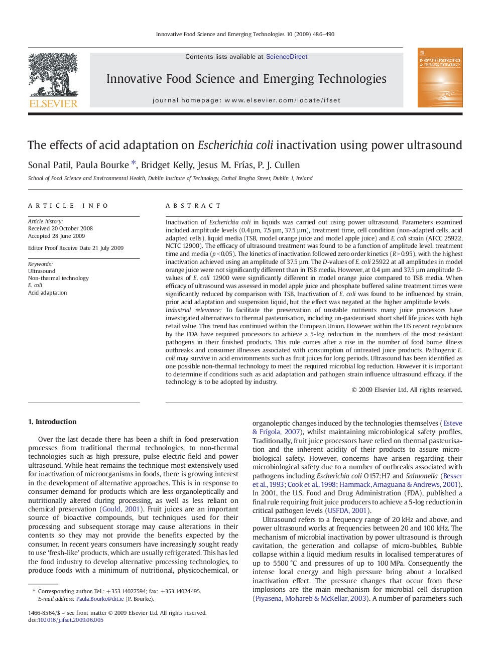 The effects of acid adaptation on Escherichiacoli inactivation using power ultrasound