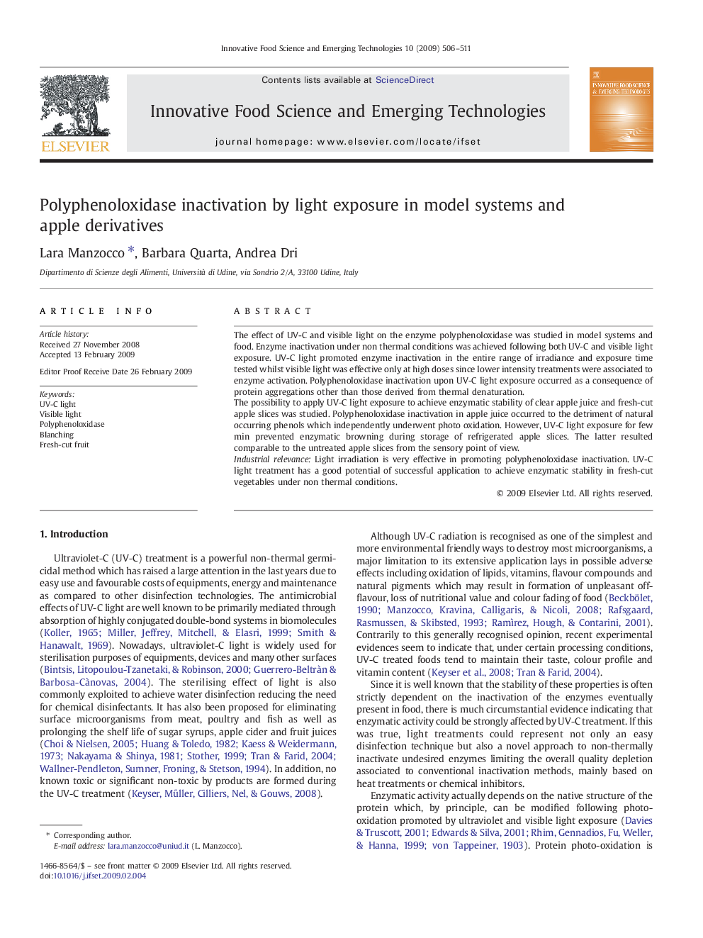 Polyphenoloxidase inactivation by light exposure in model systems and apple derivatives