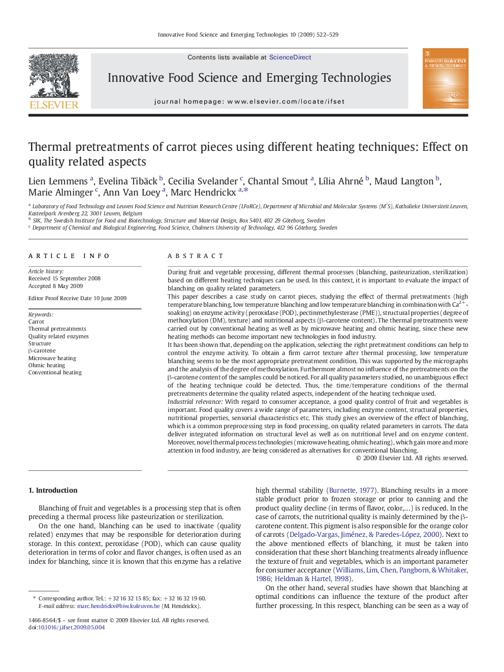 Thermal pretreatments of carrot pieces using different heating techniques: Effect on quality related aspects