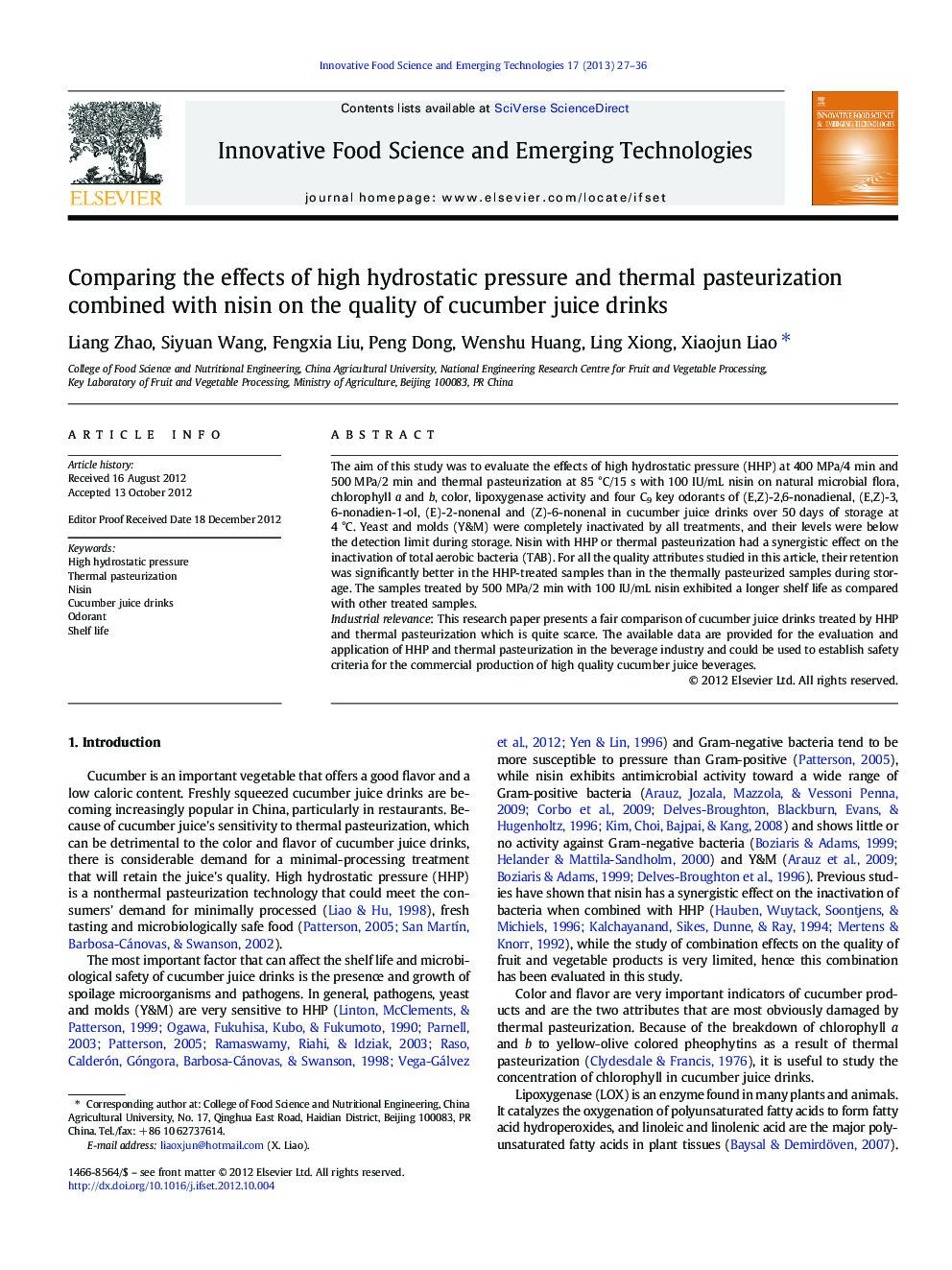 Comparing the effects of high hydrostatic pressure and thermal pasteurization combined with nisin on the quality of cucumber juice drinks