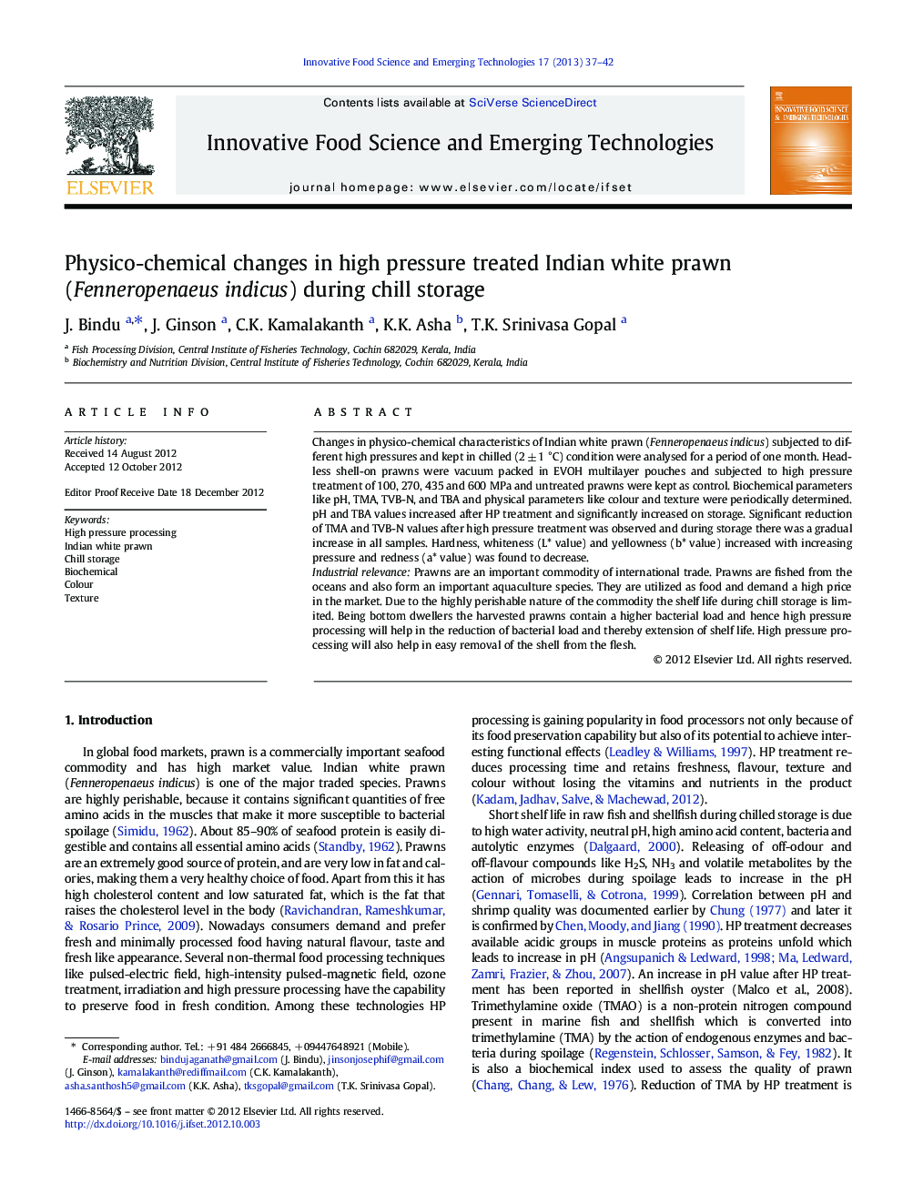 Physico-chemical changes in high pressure treated Indian white prawn (Fenneropenaeus indicus) during chill storage