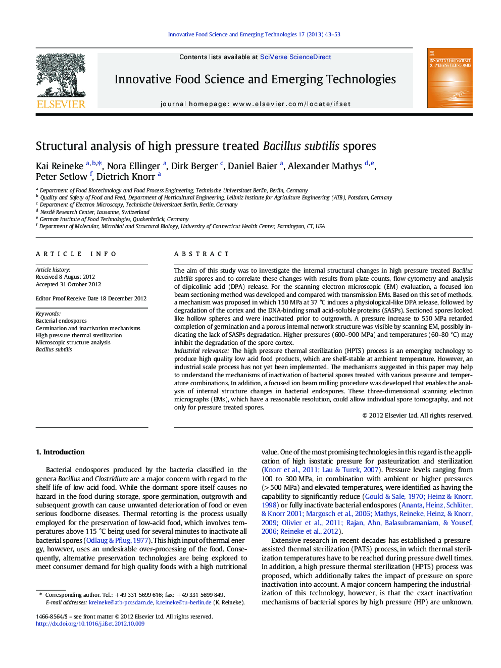 Structural analysis of high pressure treated Bacillus subtilis spores