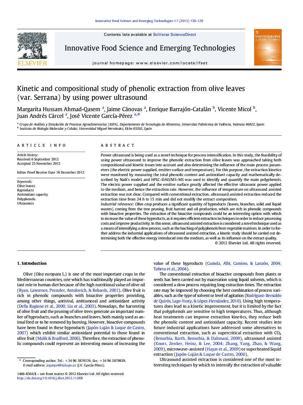 Kinetic and compositional study of phenolic extraction from olive leaves (var. Serrana) by using power ultrasound