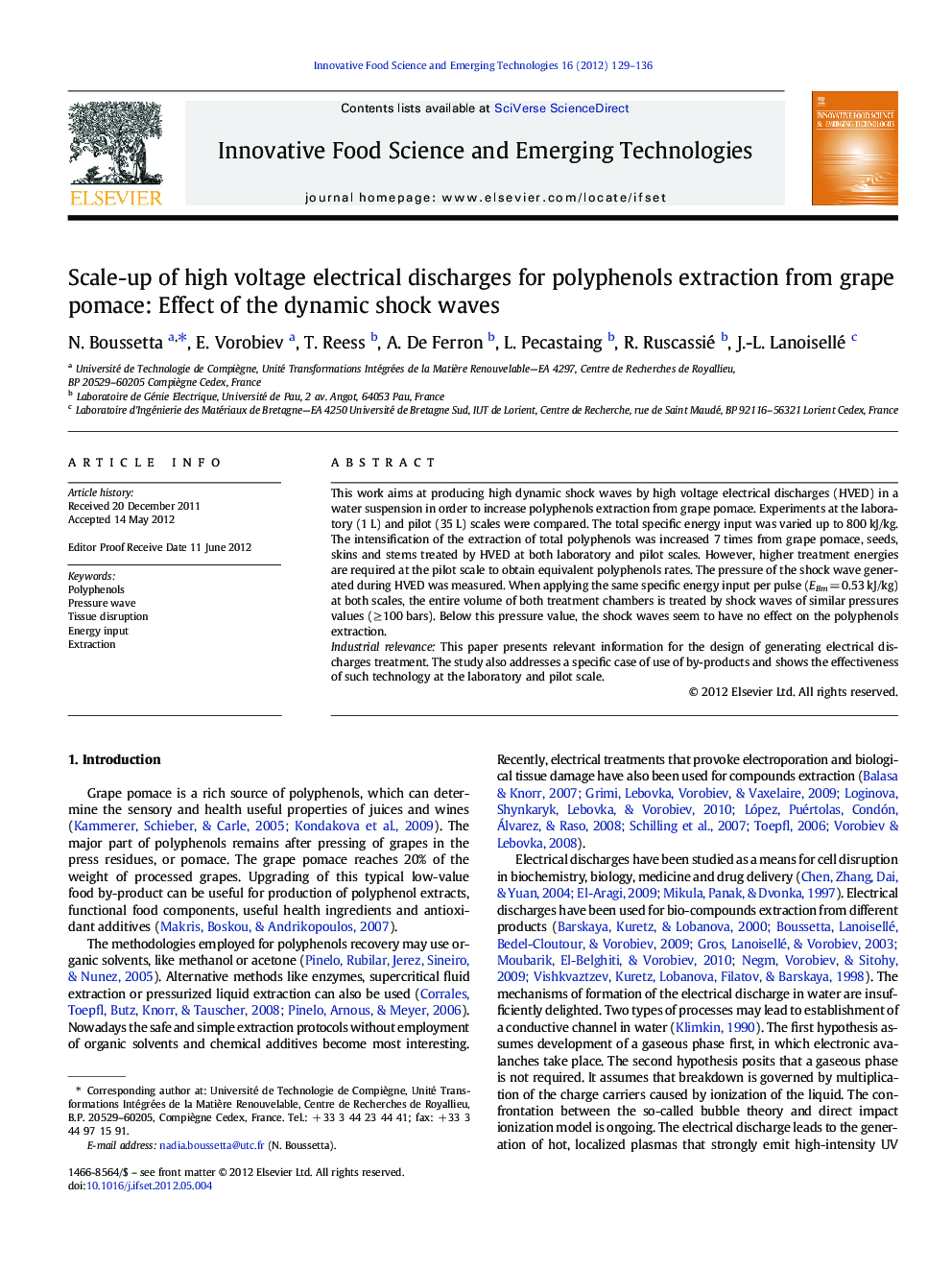 Scale-up of high voltage electrical discharges for polyphenols extraction from grape pomace: Effect of the dynamic shock waves