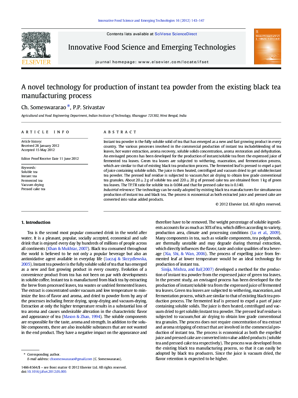 A novel technology for production of instant tea powder from the existing black tea manufacturing process