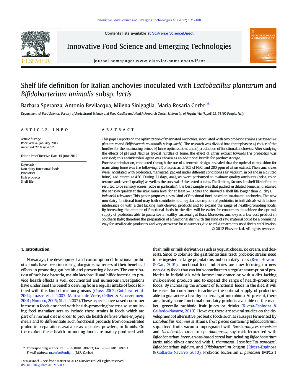 Shelf life definition for Italian anchovies inoculated with Lactobacillus plantarum and Bifidobacterium animalis subsp. lactis