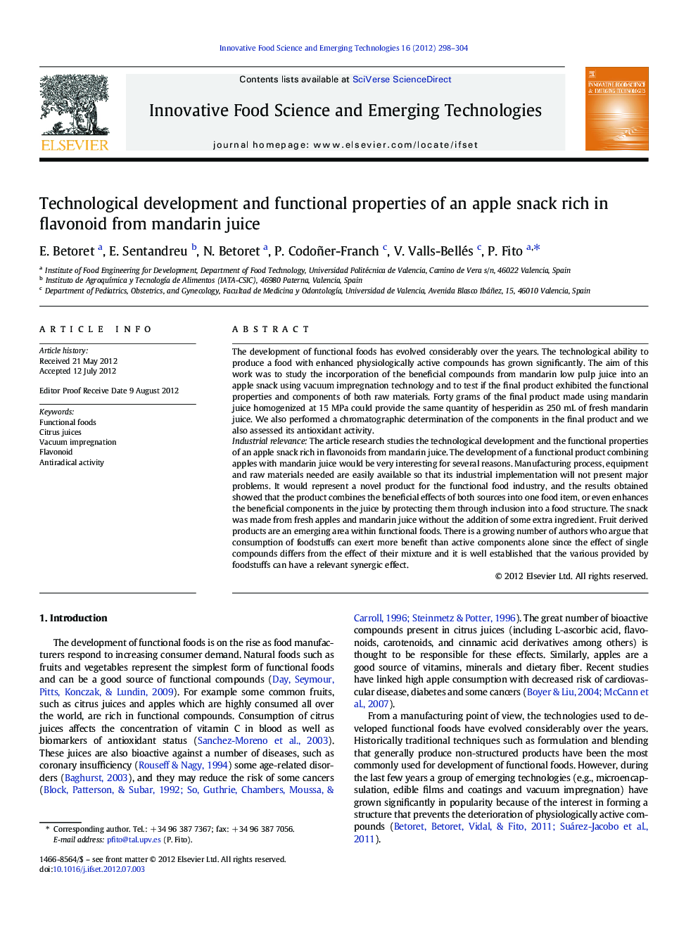 Technological development and functional properties of an apple snack rich in flavonoid from mandarin juice