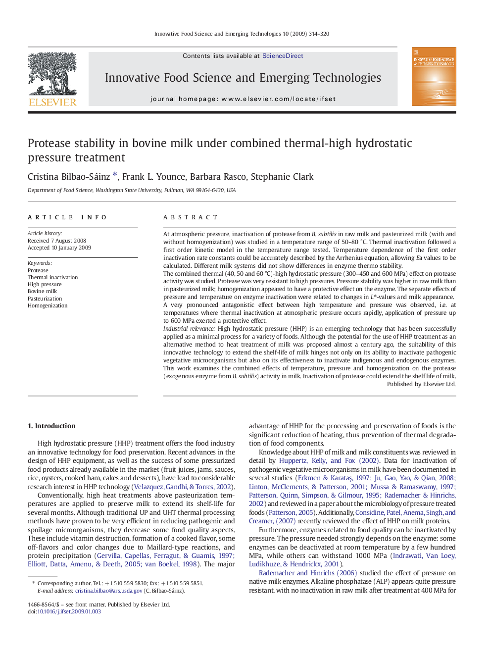 Protease stability in bovine milk under combined thermal-high hydrostatic pressure treatment