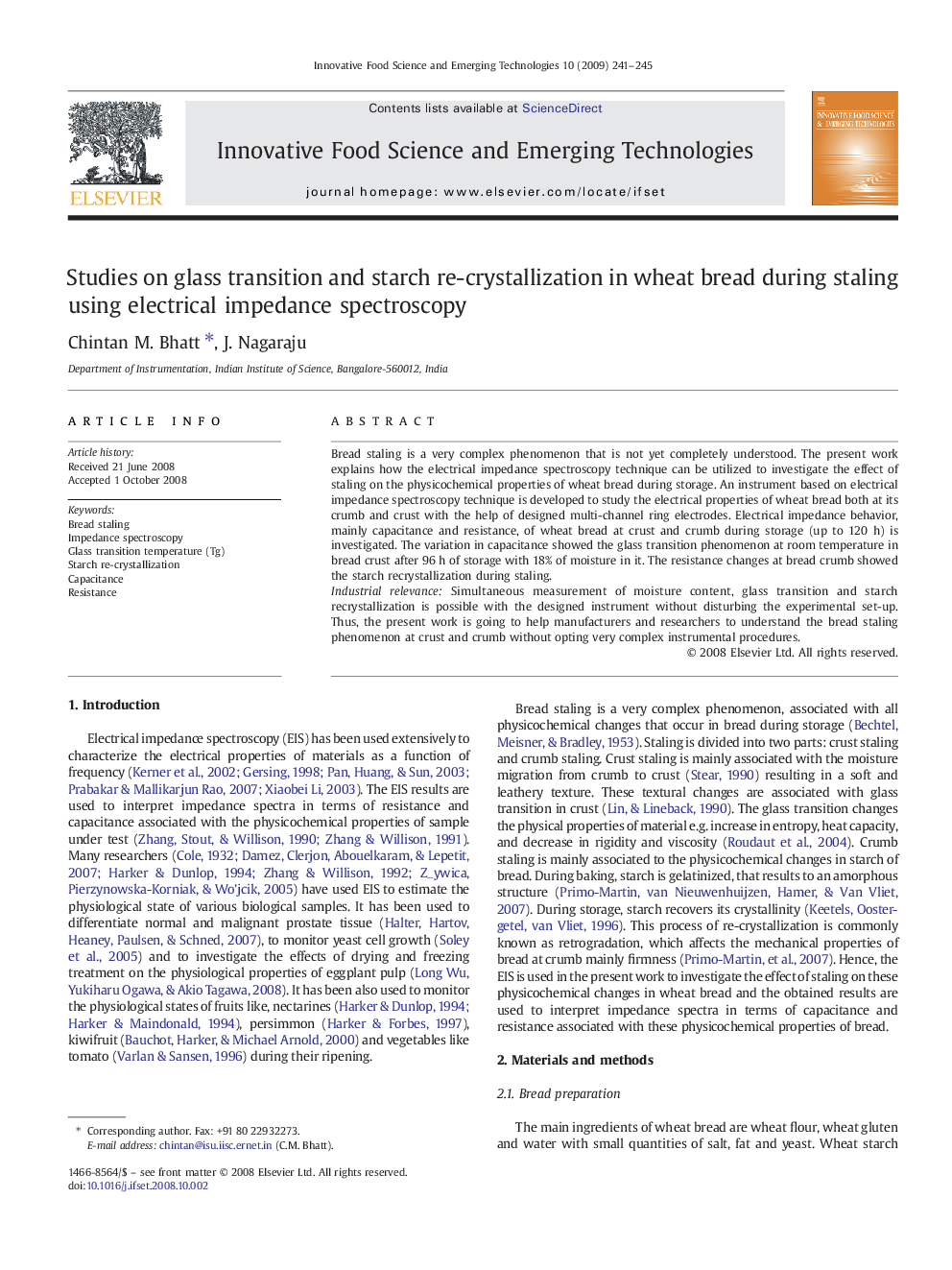 Studies on glass transition and starch re-crystallization in wheat bread during staling using electrical impedance spectroscopy