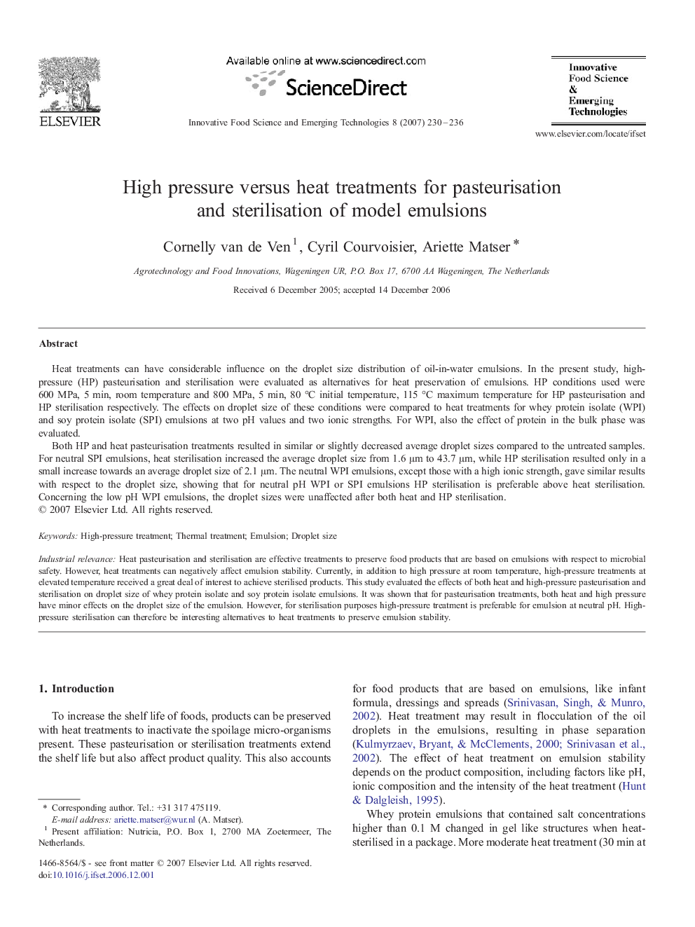 High pressure versus heat treatments for pasteurisation and sterilisation of model emulsions