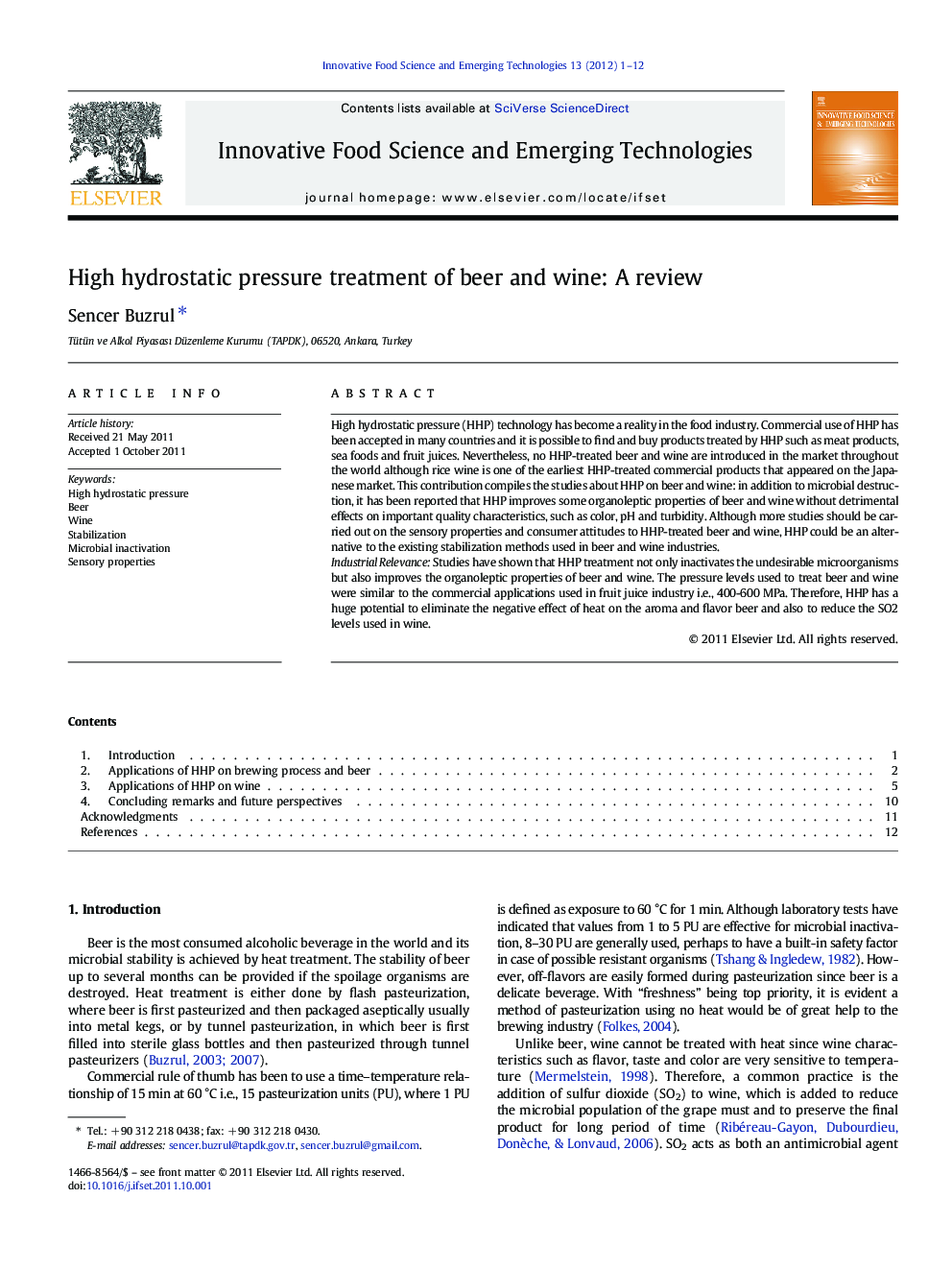 High hydrostatic pressure treatment of beer and wine: A review