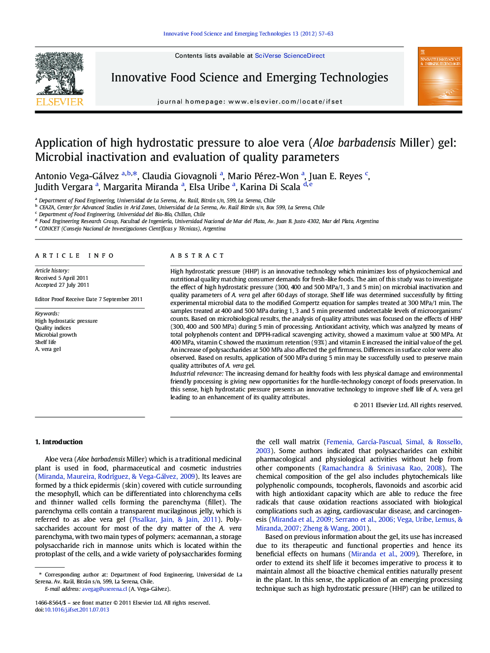 Application of high hydrostatic pressure to aloe vera (Aloe barbadensis Miller) gel: Microbial inactivation and evaluation of quality parameters