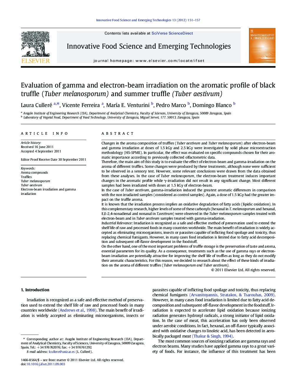 Evaluation of gamma and electron-beam irradiation on the aromatic profile of black truffle (Tuber melanosporum) and summer truffle (Tuber aestivum)