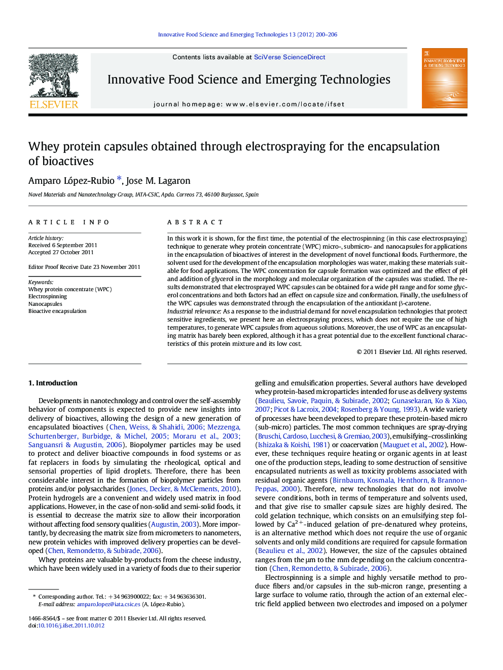 عکس صفحه اول مقاله: Whey protein capsules obtained through electrospraying for the encapsulation of bioactives Whey protein capsules obtained through electrospraying for the encapsulation of bioactives