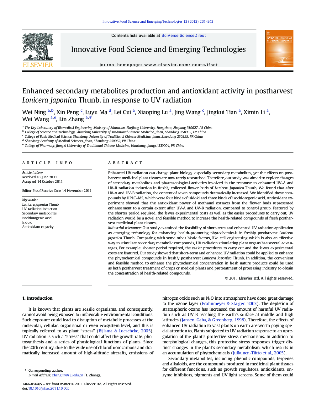 Enhanced secondary metabolites production and antioxidant activity in postharvest Lonicera japonica Thunb. in response to UV radiation