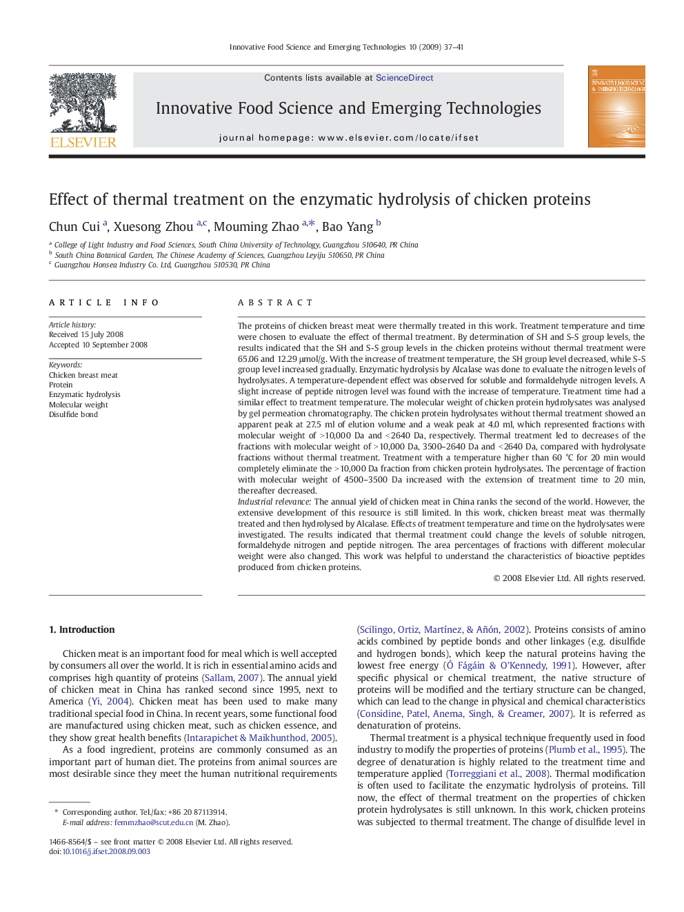 Effect of thermal treatment on the enzymatic hydrolysis of chicken proteins