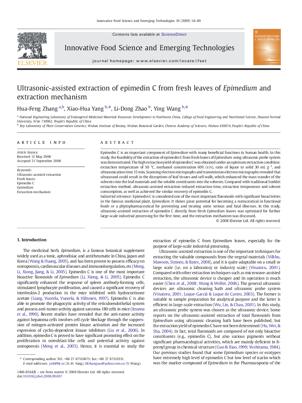 Ultrasonic-assisted extraction of epimedin C from fresh leaves of Epimedium and extraction mechanism