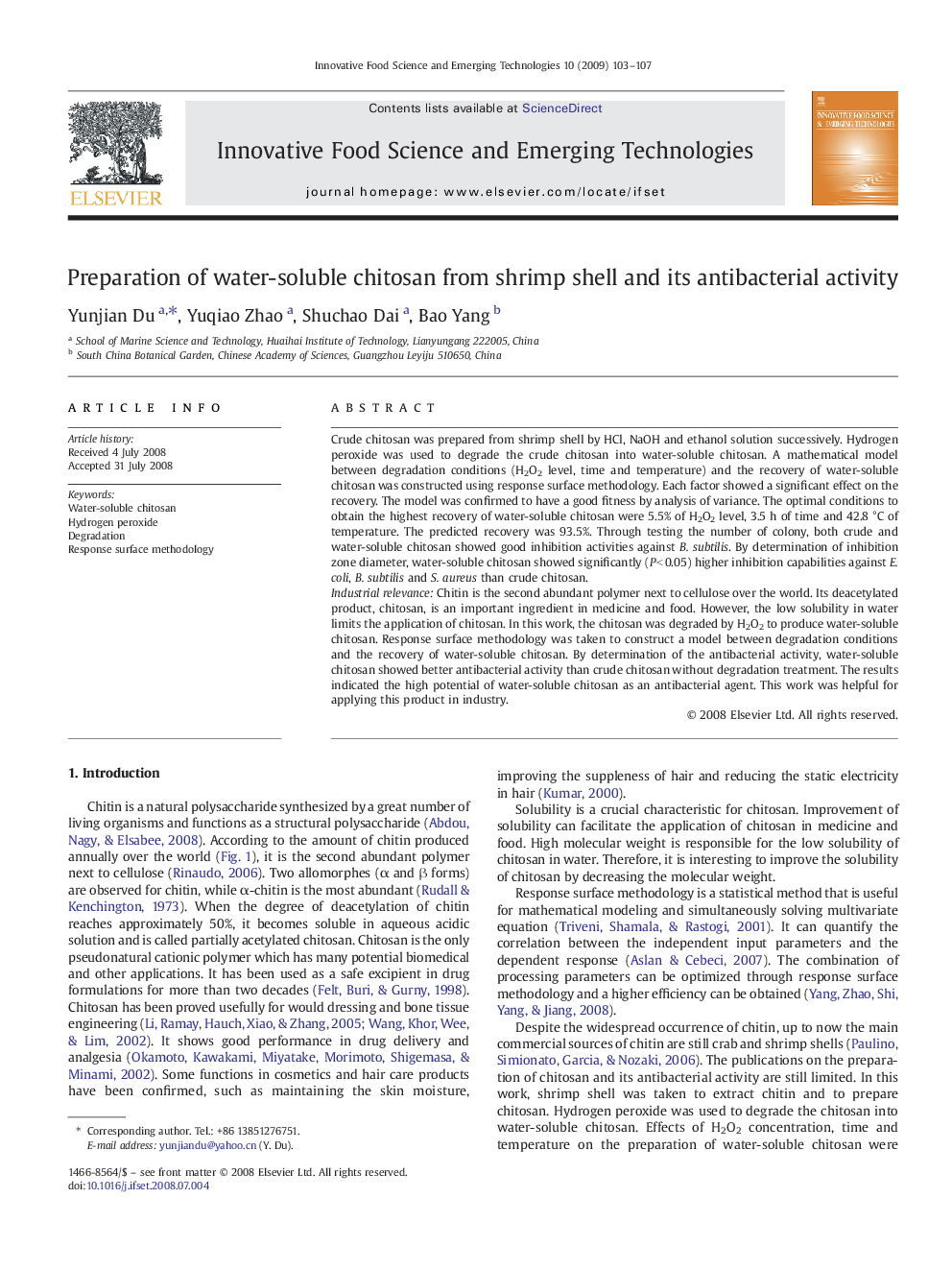 Preparation of water-soluble chitosan from shrimp shell and its antibacterial activity