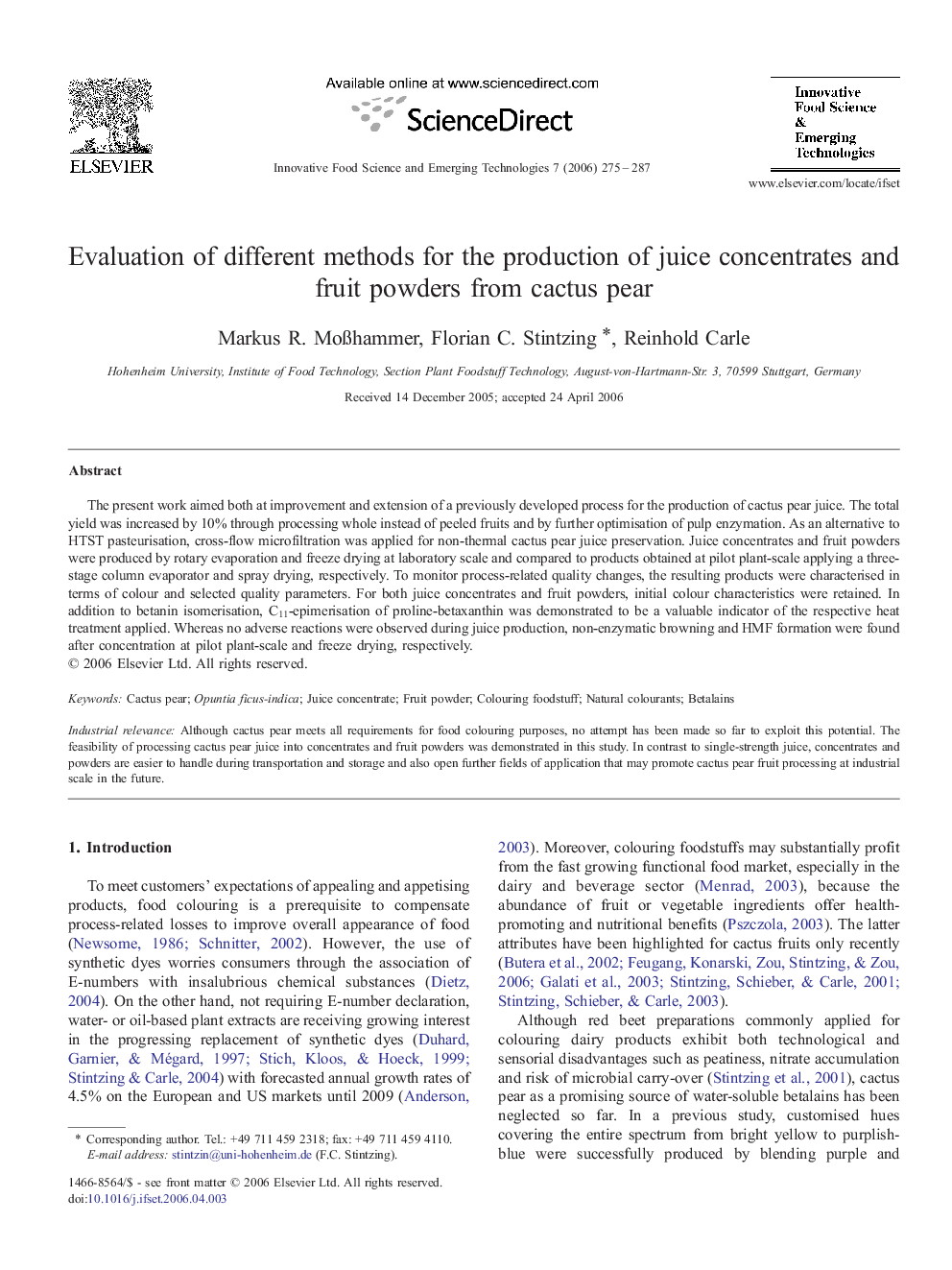 Evaluation of different methods for the production of juice concentrates and fruit powders from cactus pear