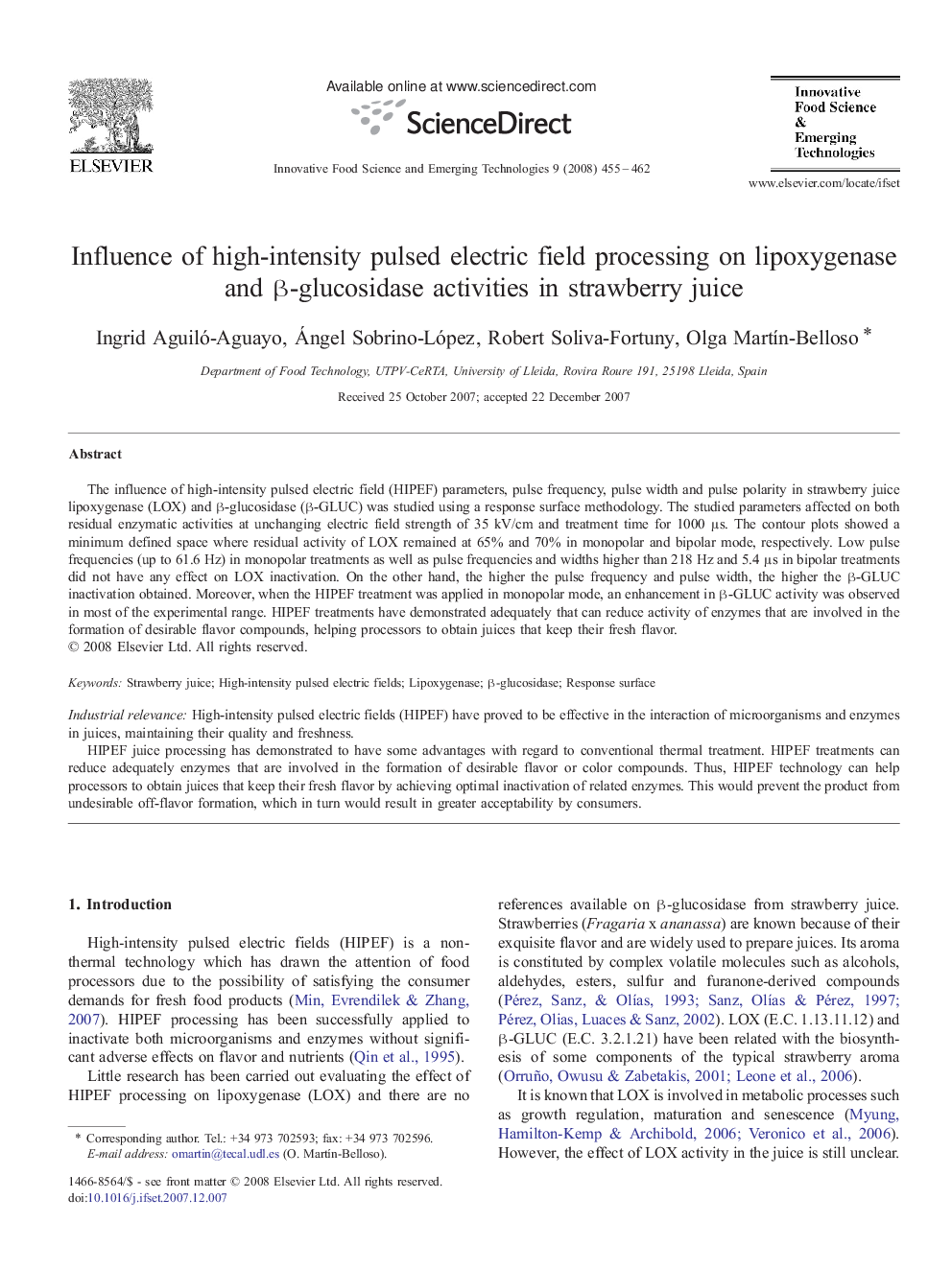 Influence of high-intensity pulsed electric field processing on lipoxygenase and β-glucosidase activities in strawberry juice