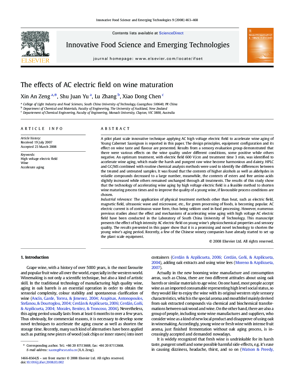 The effects of AC electric field on wine maturation